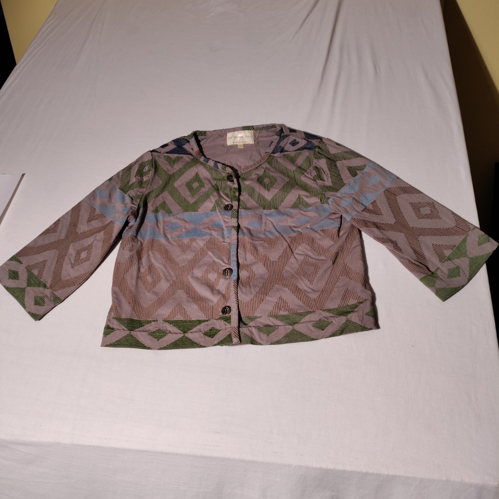 The Territory Ahead Jacket Shacket Beige Green Blue Diamond Print S - Imperfect
